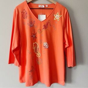 Quacker Factory Coral Orange Rhinestone Sequin Under the Sea 3/4 Sleeve Top 1X